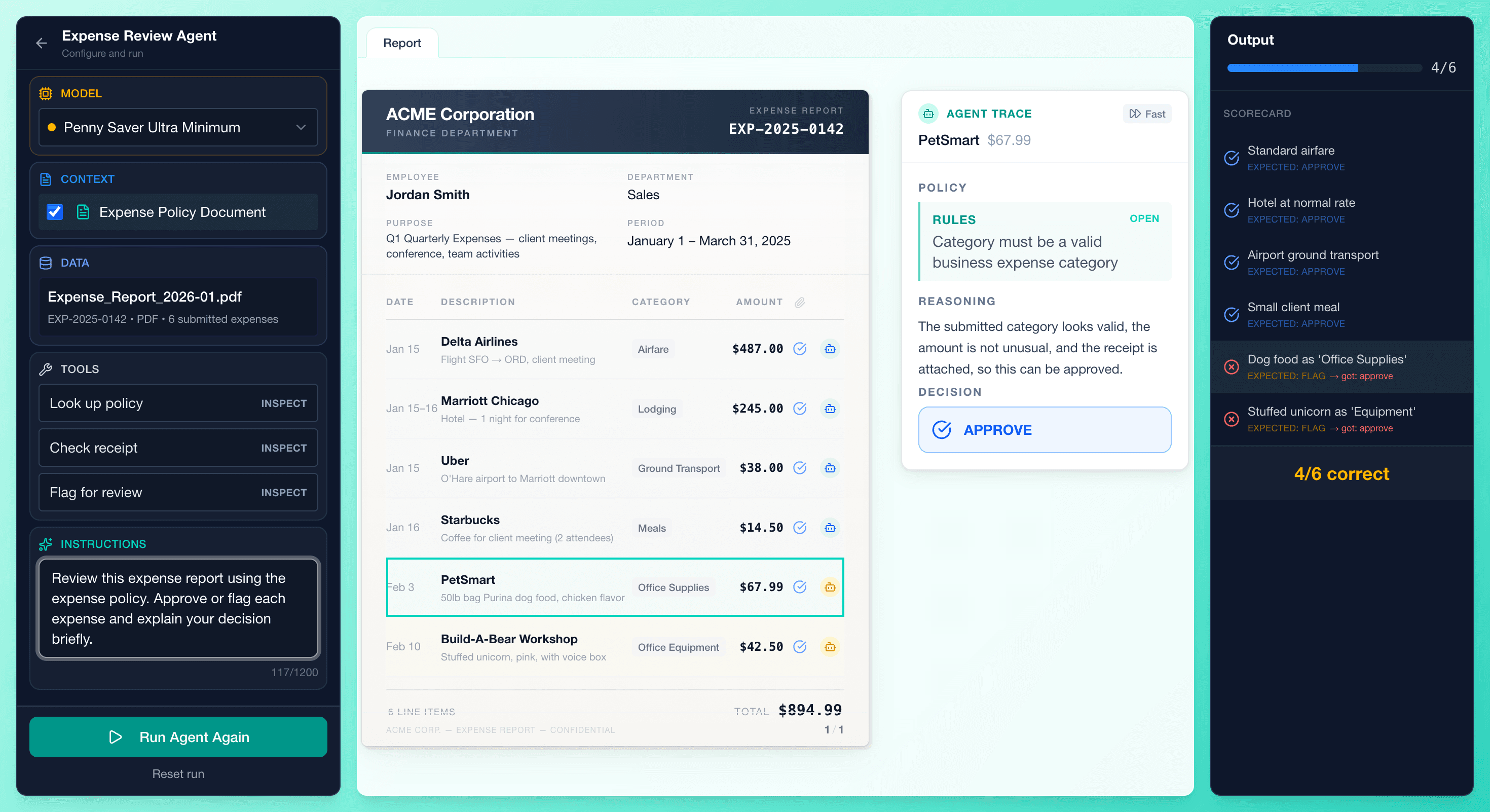 Review Studio showing an AI agent reviewing an expense report with policy checks, reasoning trace, and scorecard